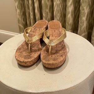 Tory Burch Wedge Sandals, Gold and Cork, size 7